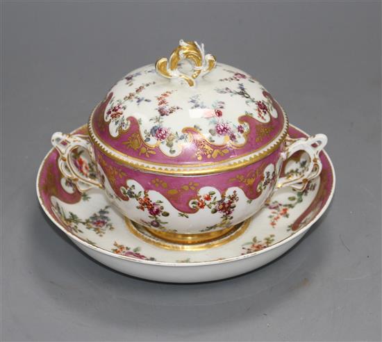 A Chelsea gold anchor Sevres style ecuelle, cover and stand, c.1765, 18cm